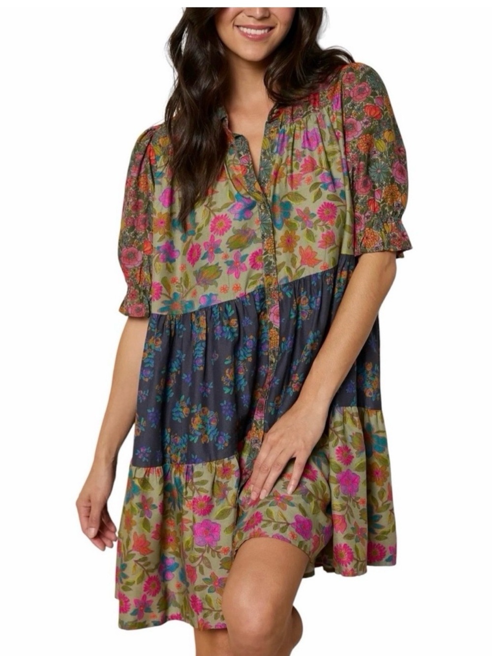 NATURAL LIFE Floral Patchwork Mini Dress in Olive, Navy and Pink
